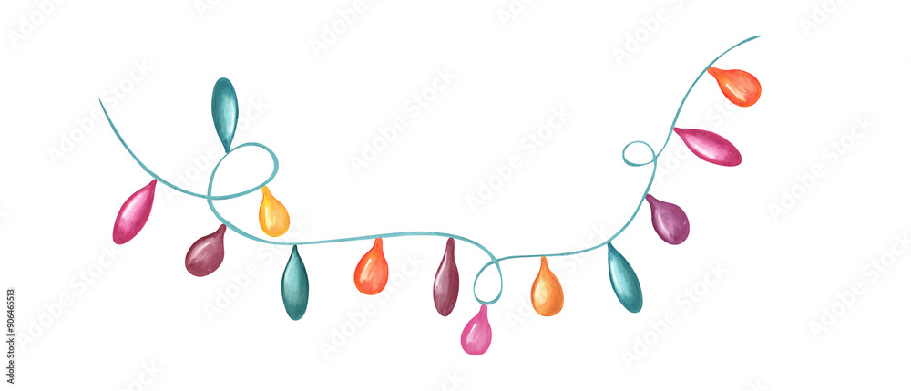 Decorative string lights. Holiday garland. Blue ribbon with colorful lamps. Watercolor illustration with light bulbs. Elements for festivals and cultural celebrations. For invitations, greeting cards Decorative string lights. Holiday garland. Blue ribbon with colorful lamps. Watercolor illustration with light bulbs. Elements for festivals and cultural celebrations. For invitations, greeting cards