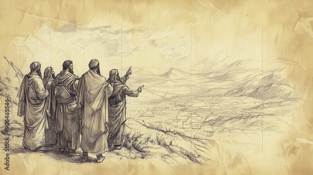 Fototapeta premium Moses and Leaders Gathered Around a Map of Canaan, Biblical Illustration from Numbers, The Boundaries of Canaan, Beige Background, Ideal for Religious Education and Worship Materials