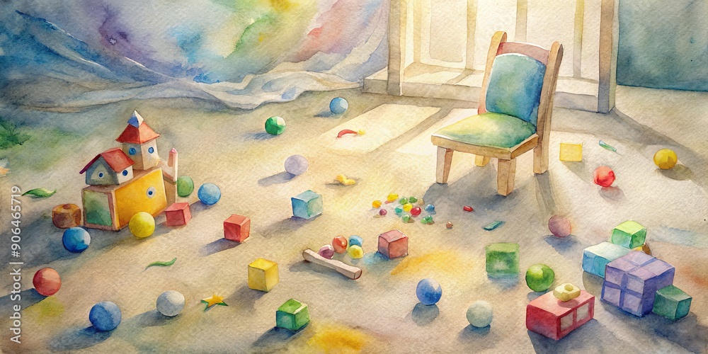 Naklejka premium Colorful toys and blocks scattered on the floor, surrounded by a tiny chair and a soft rug, evoke a sense of joyful childhood play.
