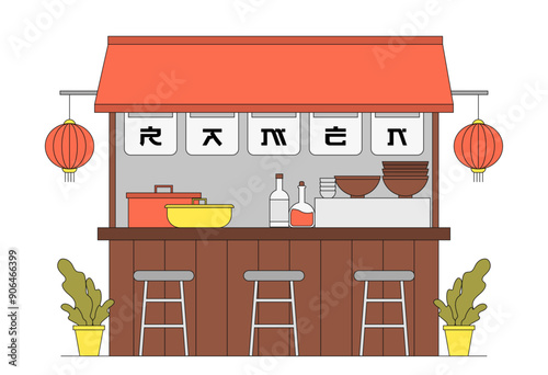 Sushi bar concept. Traditional Japanese restaurant or cafe. Asian cuisine with seafood. Takeaway eating and fast food, catering. Linear vector illustration