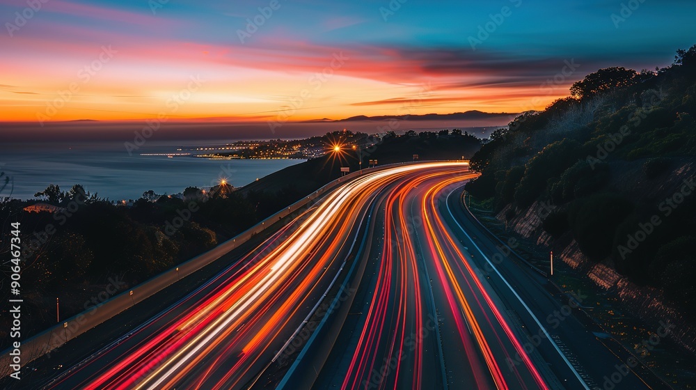 colorful light trails on a winding highway at sunset colorful light trails on a winding highway at sunset