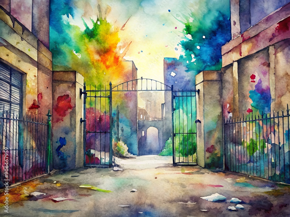Fototapeta premium Vibrant graffiti adorns crumbling urban buildings, surrounded by rusted gates and faded paint signs, casting a kaleidoscope of colors across the deserted city streets.
