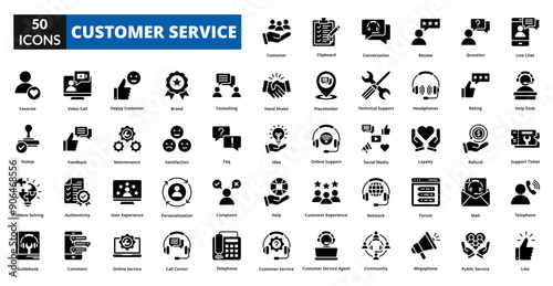 Customer service glyph icon collection set. includes customer, service, support, client, advice, quality, satisfaction, reliable