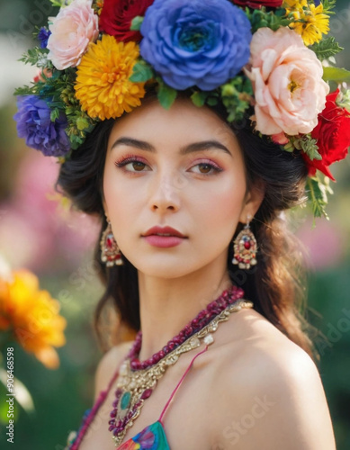 A portrait of a girl, decorated with a bright floral headdress and an exquisite turquoise-gold necklace, is located on a blurred background of greenery.