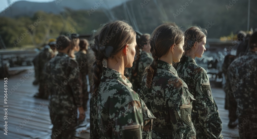 Group of female soldiers standing in formation, awaiting orders.Generated images Group of female soldiers standing in formation, awaiting orders.Generated images