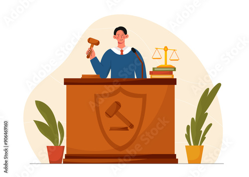 Judge with gavel. Man in ceremonial robe hits table with hammer. Justice and jurisprudence. Lawyer and jury. Laws and legislations. Flat vector illustration