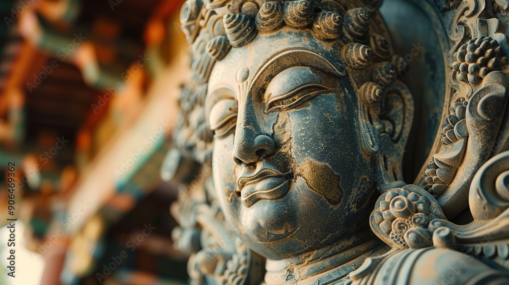 Sacred Serenity: Cinematic Close-Up of Intricately Carved Deity Sculpture in Temple Interior at Dusk Sacred Serenity: Cinematic Close-Up of Intricately Carved Deity Sculpture in Temple Interior at Dusk