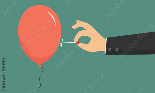 Hand pricking red balloon with a needle. Hand pushing a pin to pop the ballon. Vector illustration