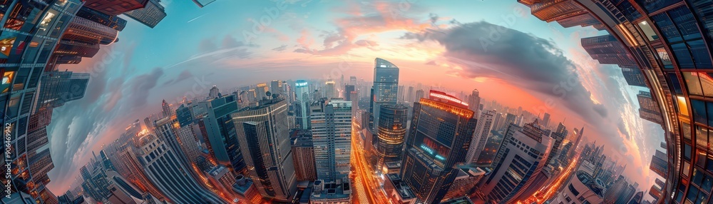 Obraz premium Surreal cityscape featuring bending and twisting buildings, timewarp effects and dreamlike colors, high definition and intricate details