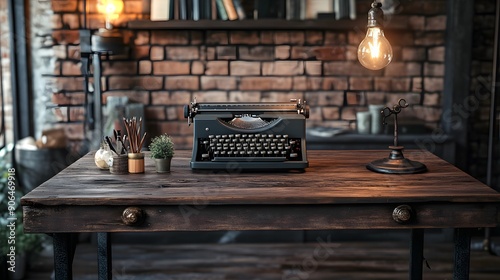 home office settings Industrial Chic: An image featuring a rustic wooden desk with metal accents, an old-fashioned typewriter, and Edison bulb lighting. This style appeals to those who appreciate a vi photo