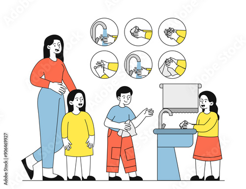 Kids washing hands. Woman teaches boys and girls to wash hands. Cleanliness and personal hygiene. Preventing viruses and diseases. Linear vector illustration