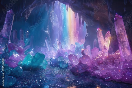 Surreal crystal cave with a dazzling rainbow waterfall cascading through sparkling crystals, dreamlike and colorful, high resolution
