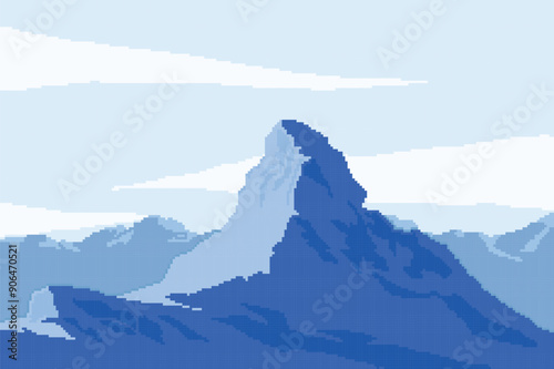 winter pixel art, there are very beautiful blue mountain ranges covered with snow	