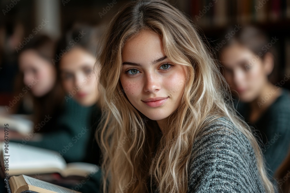 University students in a library, studying, research icons, scholarly environment. Generative AI