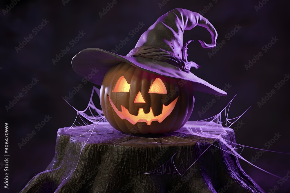 Naklejka premium 3d rendering Halloween pumpkin with witch hat on a black background 