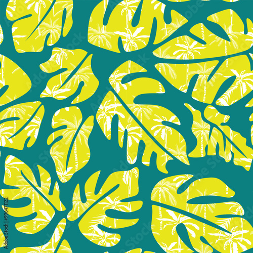 Hand drawn abstract monstera leaf with palm tree texture background seamless pattern