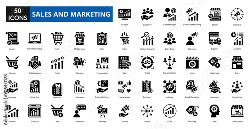 Sales And Marketing Glyph icon collection set. includes business, marketing, strategy, management, customer, analysis, sales, growth, concept, technology
