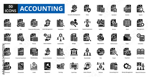 accounting glyph icon collection set. Includes forecast, report, audit, analysis, occupation, job, account, statement, transaction, return, bookkeeping