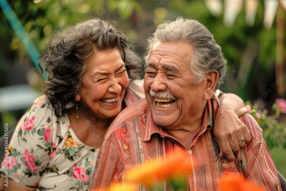 A joyful Latino senior couple enjoying their garden. Concept of elderly happiness and home life. A joyful Latino senior couple enjoying their garden. Concept of elderly happiness and home life.