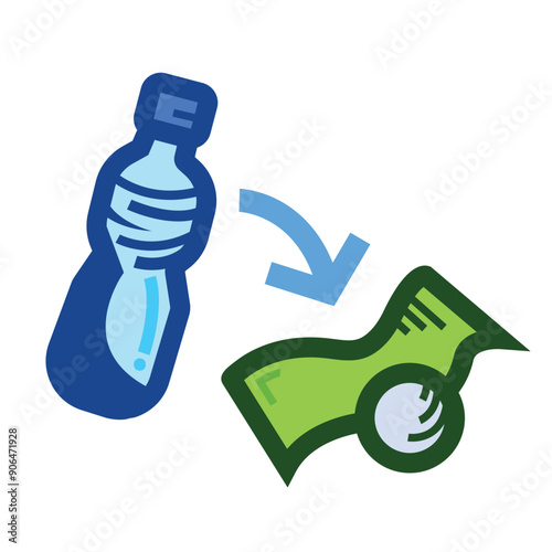Turn plastic bottle to money colorful icon illustration isolated on square white background. Simple flat outlined cartoon art styled drawing.