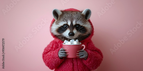 Raccoon in a pink hoodie holding a mug of hot cocoa with marshmallows. Simple pink background. Happy New Year and Christmas concept photo