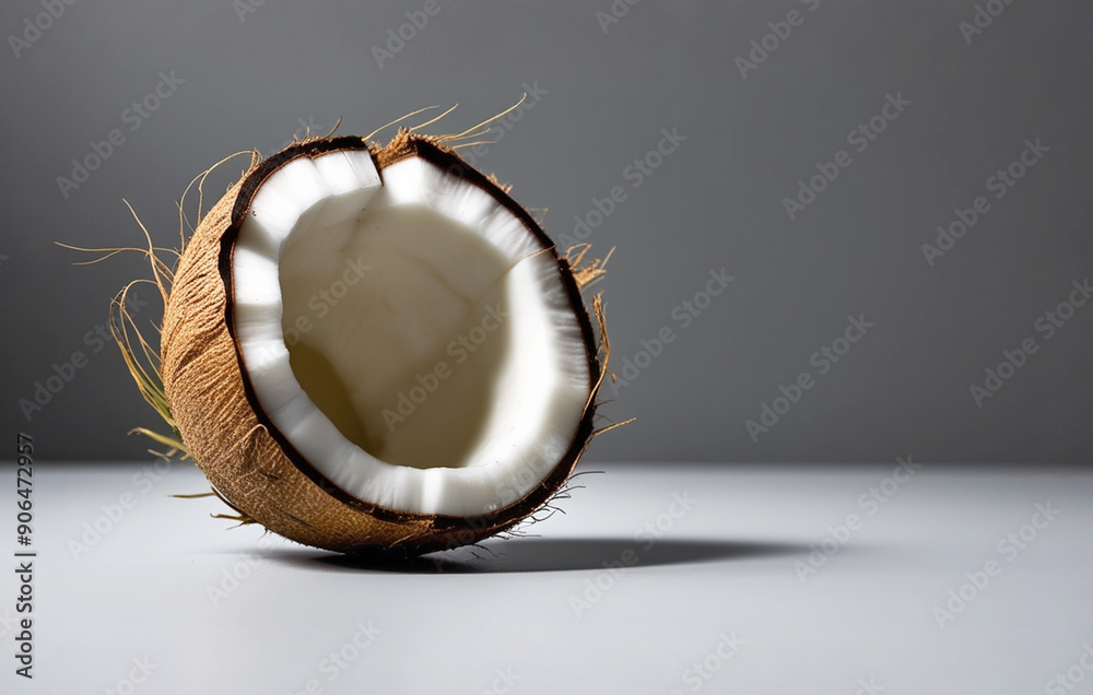 Half coconut, brown shell, white inside, gray background. Half coconut, brown shell, white inside, gray background.