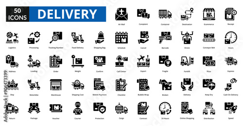 Delivery glyph icon collection set. Includes transfer, import, labor, giving, export, flight, sale, distribution, transit, transportation