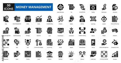 Money Management glyph icon collection set. Includes business, money, finance, investment, banking, financial, management, economy, budget, profit, income