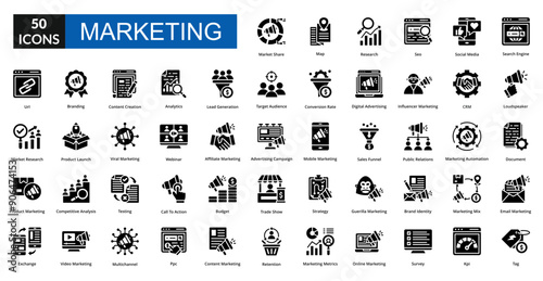 Marketing glyph icon collection set. Includes selling, trade, promotion, purchase, retail, traffic, commerce, sale, shopping, buy