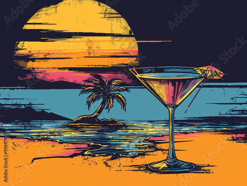 a cocktail glass and in the background is a small tropical island with a palm tree and a sunset in the style of a retro t-shirt