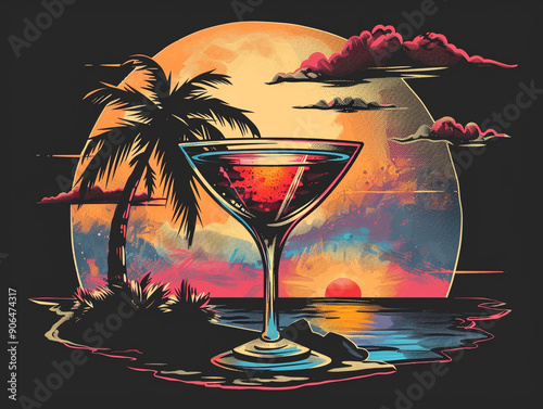 a cocktail glass and in the background is a small tropical island with a palm tree and a sunset in the style of a retro t-shirt