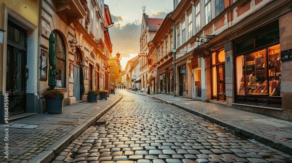 Charming Cobblestone Street at Sunset Charming Cobblestone Street at Sunset