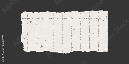 Torn piece of checkered paper sheet with jagged edges on dark background. Dotted textured background, noisy gritty effect. Banner template, empty space for text, ripped old element.