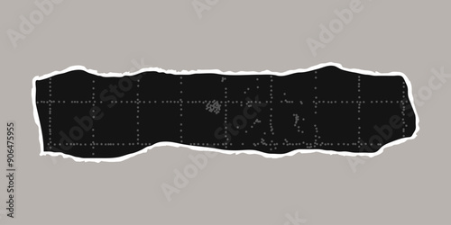 Black torn sheet of checkered paper with uneven edges. Black dotted textured background, noisy gritty dot effect. Banner template, empty space for text, sticker.