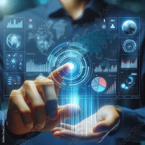 A person interacts with a holographic interface that visualizes various data, such as bar graphs, pie charts, and world maps.