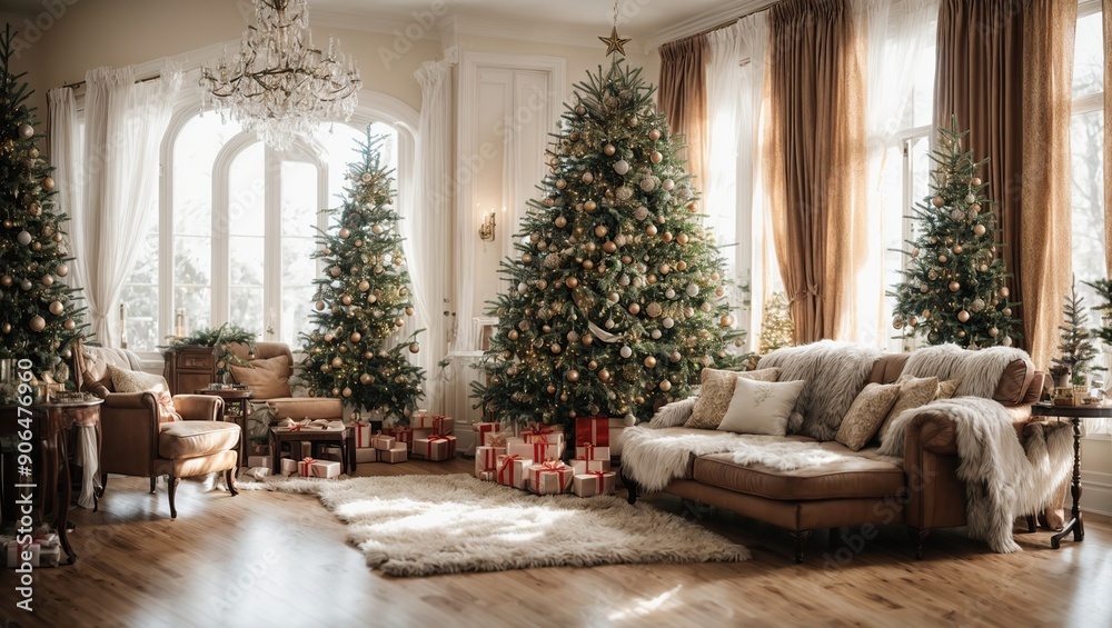 Fototapeta premium Bright cozy living room with a large elegant Christmas tree