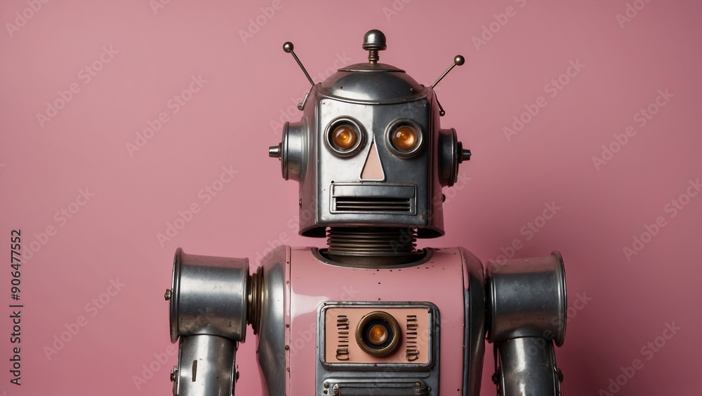 Retro pink robot with antennae against a pink wall. Retro pink robot with antennae against a pink wall.