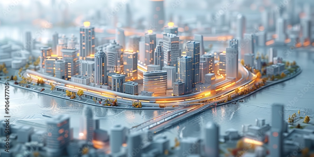 Obraz premium 3D model of school buildings, Base Station, roads and water in white color on the background. The modern city has many highly detailed skyscrapers, greenery around. Generative AI.