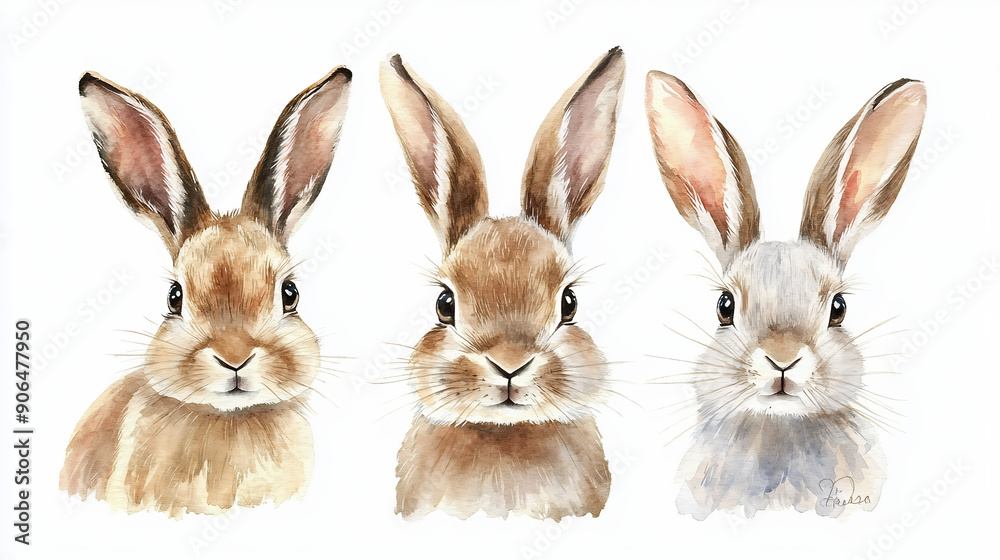 Fototapeta premium Watercolour Painting Of 3 Hare Set Collection Isolated On White Background 