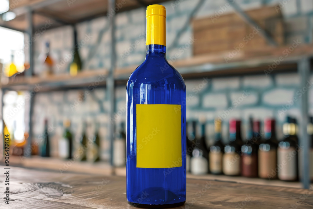 Empty blue bottle with yellow labeling on the wooden table of an establishment. Mockup Empty blue bottle with yellow labeling on the wooden table of an establishment. Mockup