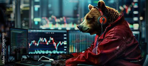 Bear in red suit sitting with computer trading charts on screen behind him stock market background Bear Trading Concept