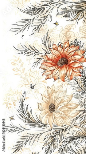 Elegant Floral Pattern with Red and Orange-Yellow Flowers, Detailed Leaves, and Subtle Butterflies photo