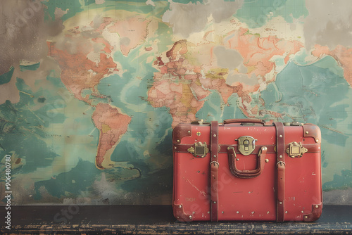 Maleta antigua de color rosa con mapamundi de fondo. Generado con IA.