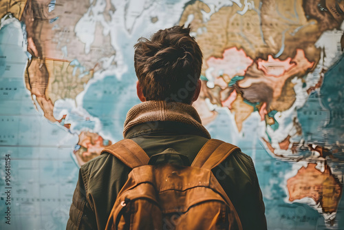 Hombre con mochila en la espalda viendo un mapamundi de pared. Generado con IA.