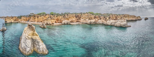 Panoramic drone picture over Praia do Marinha beach in Portuguese Algarve during daytime