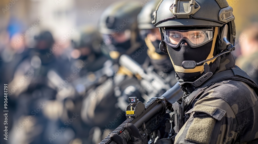 Anti-terrorism drill at a public venue, illustrating the preparedness measures to protect against potential threats Anti-terrorism drill at a public venue, illustrating the preparedness measures to protect against potential threats