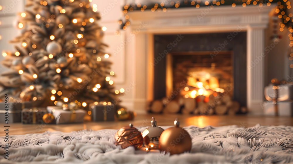 Holiday able with christmas tree and fireplace with copy space Holiday able with christmas tree and fireplace with copy space
