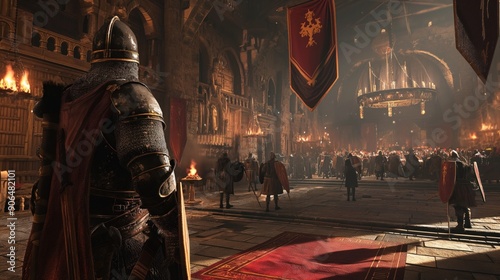 medieval king addressing his knights in a grand hall, illustrating the power dynamics and loyalty in the feudal system