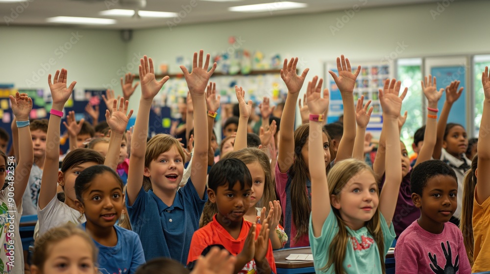 Students eagerly raising their hands to answer questions on the first day of school, showcasing their enthusiasm for learning and participation Students eagerly raising their hands to answer questions on the first day of school, showcasing their enthusiasm for learning and participation