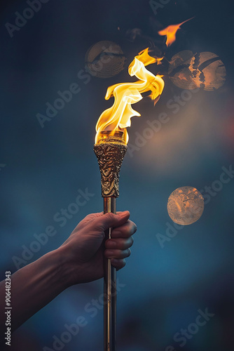 Burning Olympic torch in hand on dark background with bokeh, symbol of Olympic Games and other competitions